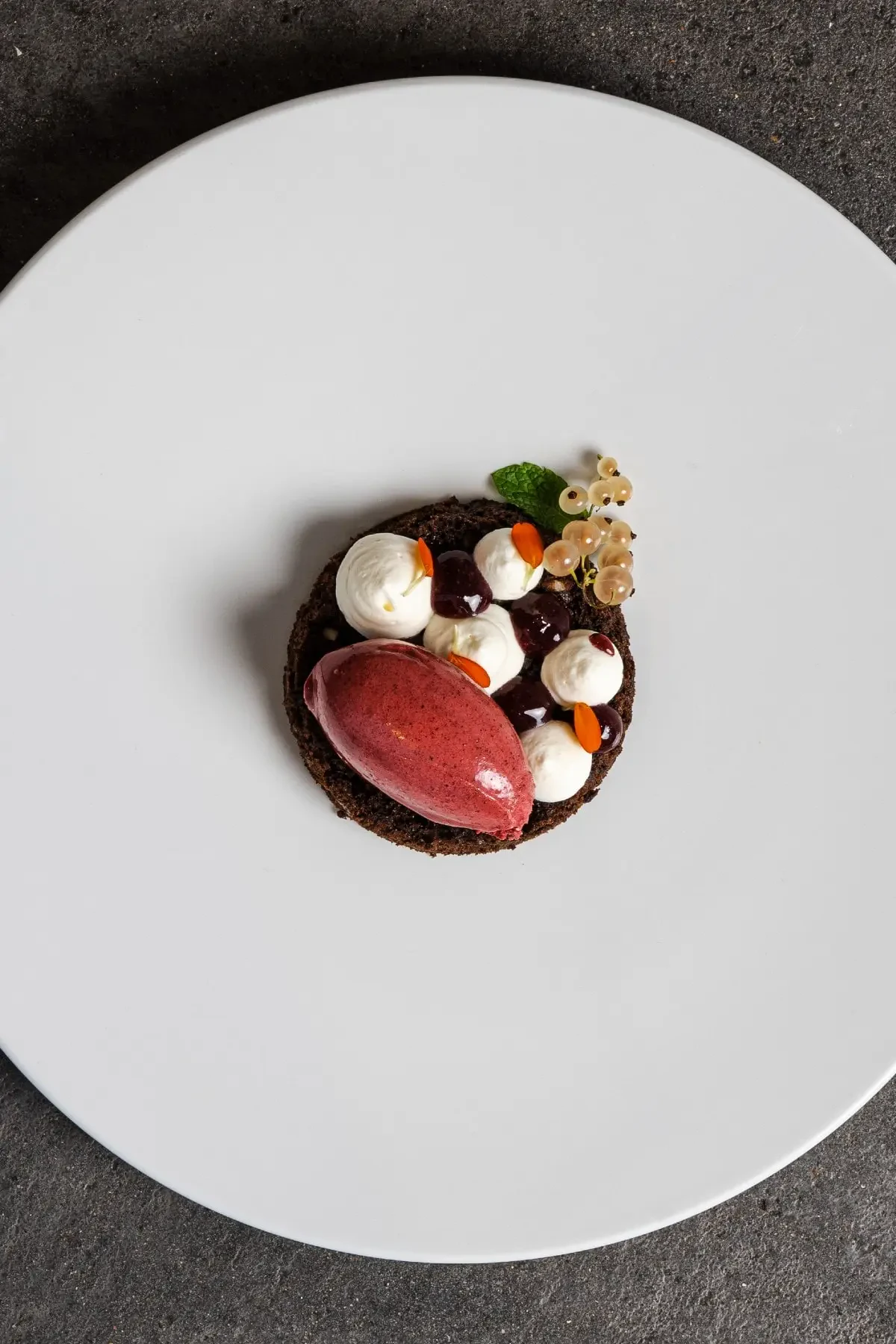 Kastbergs version af Sønderjysk rugbrødslagkage med solbær sorbet.