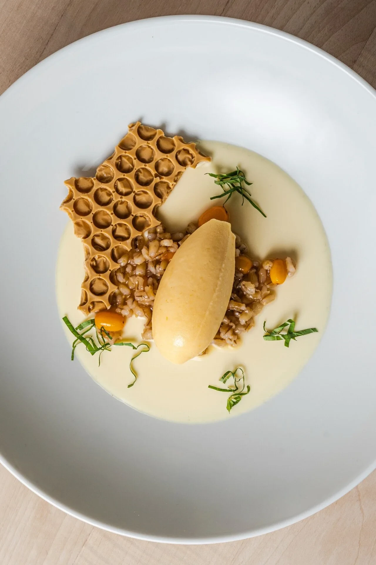 Lækker panna cotta serveret med havtorn sorbet