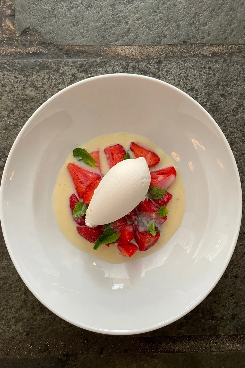 hjemmelavet koldskål med med friske jordbær og hyldeblomst sorbet