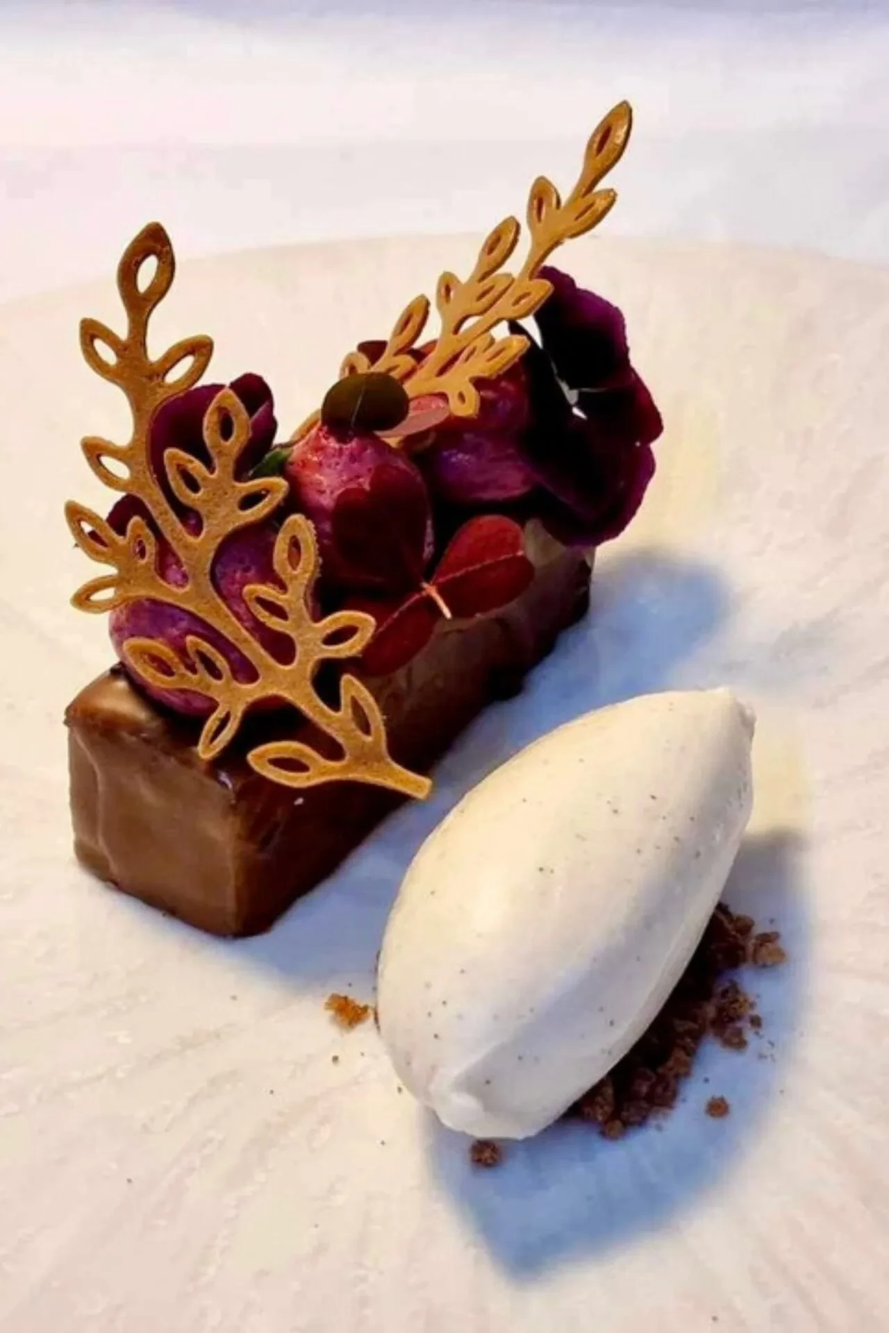 Solbær mousse med kakaobunde, mælkchokolade overtræk, solbær creme, kakao tuille og vaniljeis