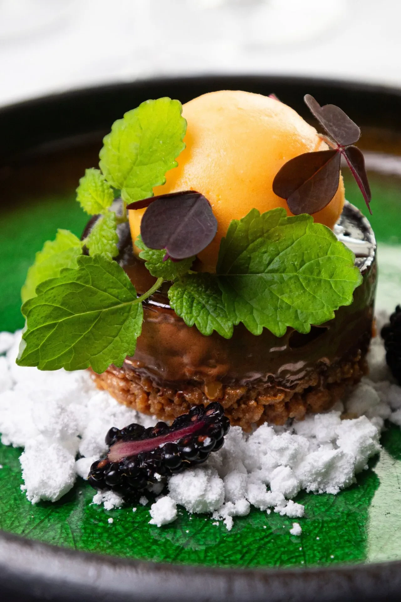 praline chokolademoussekage med mango mousse, marengs og havtorn sorbet