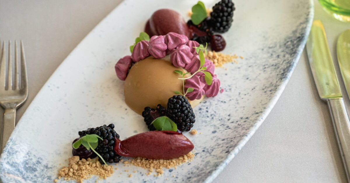 Dulce de leche with blackcurrant sorbet