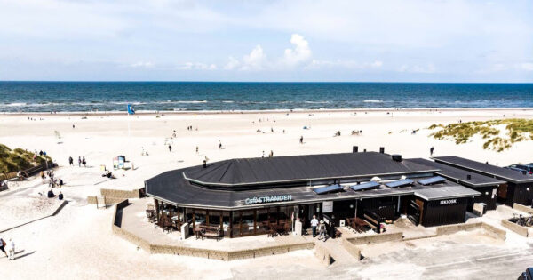 Her ses Café Strandens lækre placering ved vesterhavet