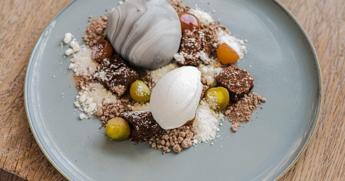 Stone from greek yoghurt and apple sorbet. Made to look like the forest floor